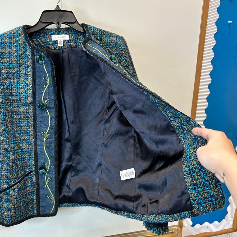Vintage David Brooks Blue Green Tweed Fully Lined Cardigan Jacket Tassels Sz 8 - Picture 6 of 15